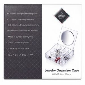 Sorbus Beauty Clear Jewelry Organizer Case w Built-In Mirror 12 Slot Storage